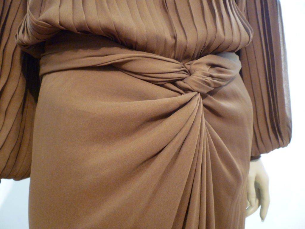 Women's James Galanos Brown Chiffon Gown with Pleating & Beading For Sale