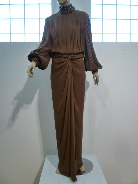 James Galanos Brown Chiffon Gown with Pleating & Beading For Sale 4