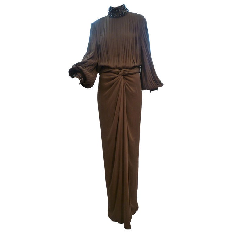 James Galanos Brown Chiffon Gown with Pleating & Beading For Sale