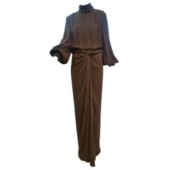 James Galanos Brown Chiffon Gown with Pleating & Beading