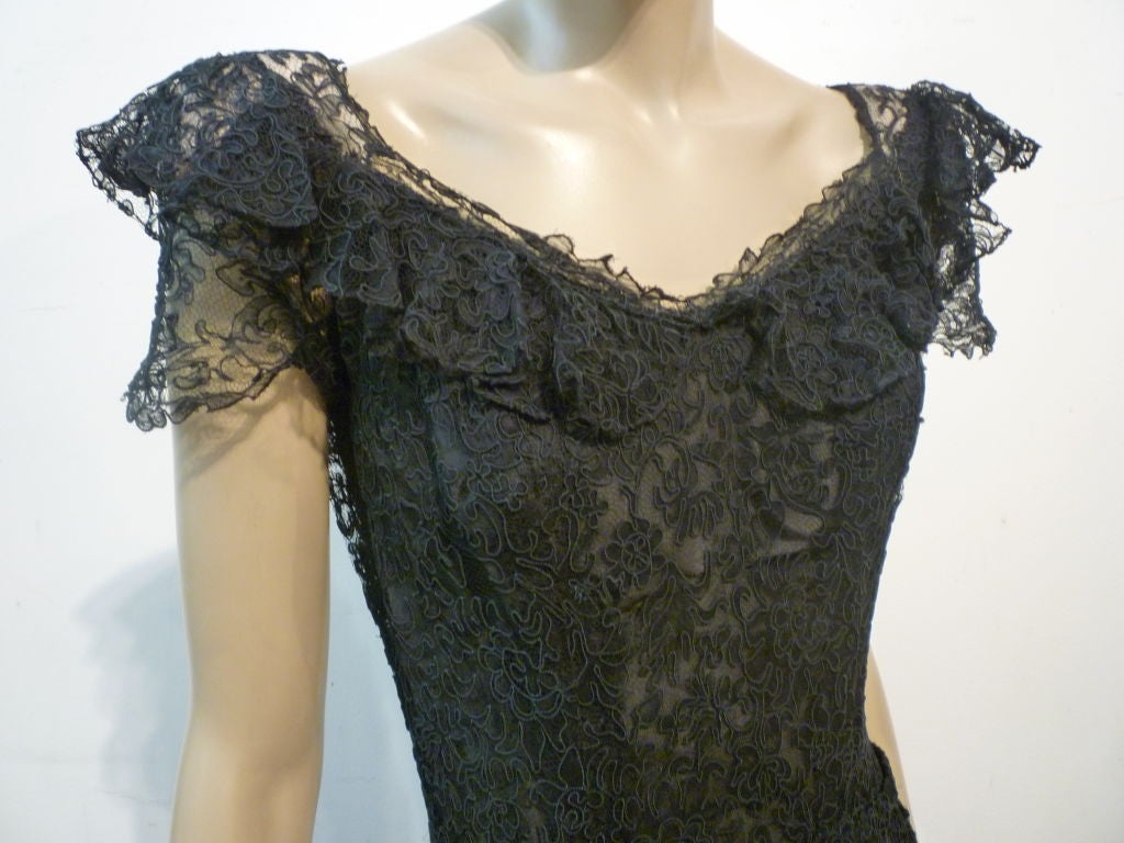 40s Extraordinary Black Lace Column Gown w/ Ruffles at 1stdibs