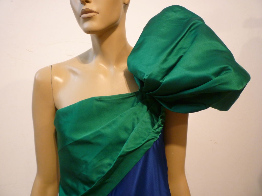 Women's Bill Blass Emerald / Blue Satin Ball Gown w/ Dramatic Shoulder