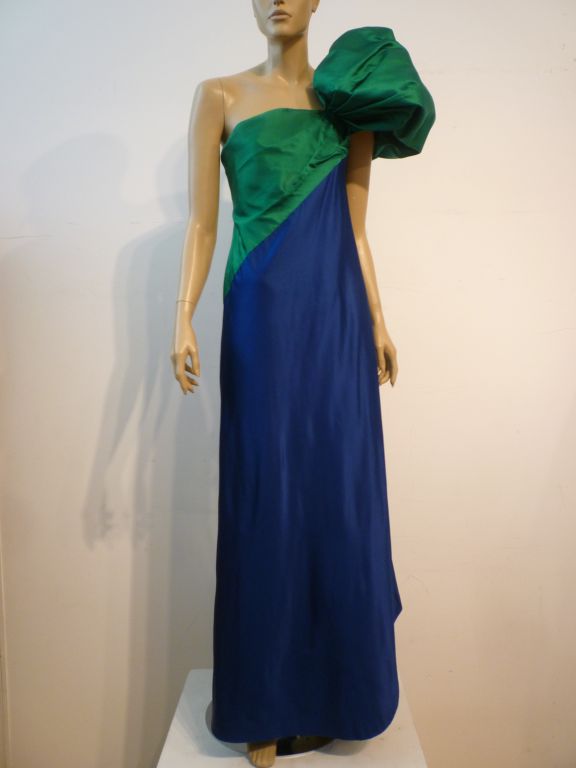 Bill Blass Emerald / Blue Satin Ball Gown w/ Dramatic Shoulder 1