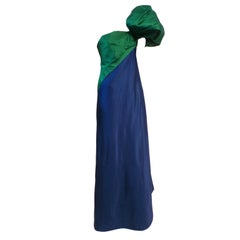 Bill Blass Emerald / Blue Satin Ball Gown w/ Dramatic Shoulder