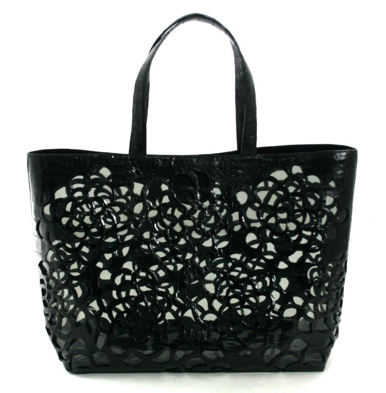 Nancy Gonzalez Black Floral Laser Cut Crocodile Tote In New Condition For Sale In New York City & Hamptons, NY