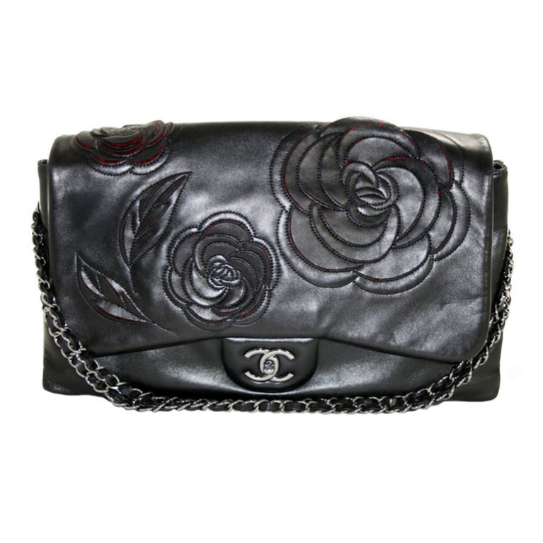Chanel Black Lambskin Camellia Runway Flap Bag at 1stdibs