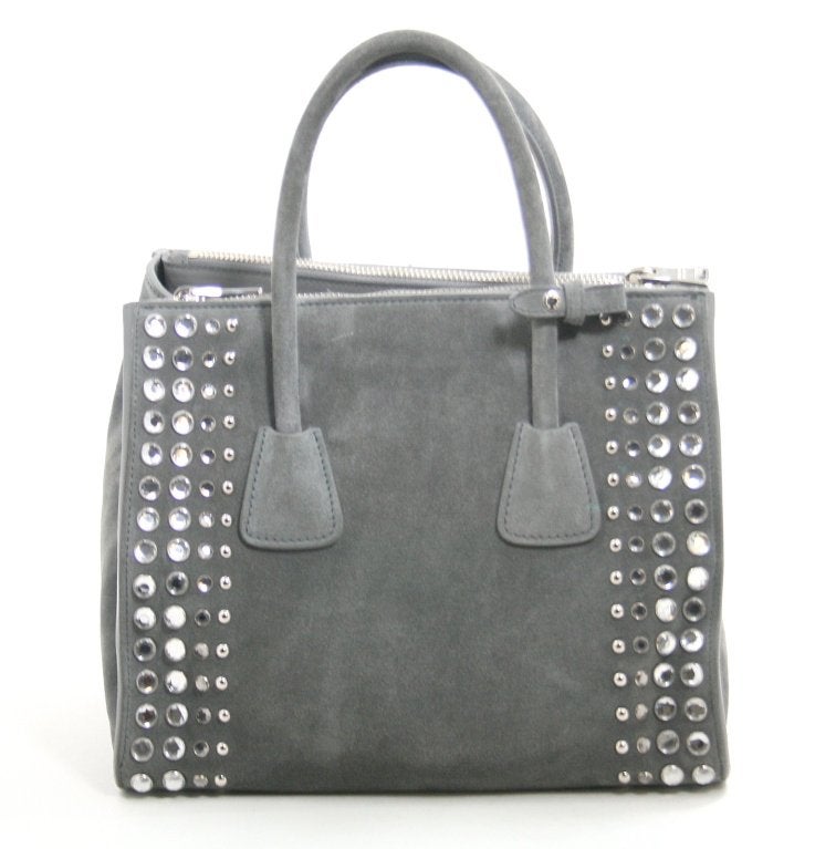 Prada Grey Suede Studded Tote In Excellent Condition In New York City & Hamptons, NY