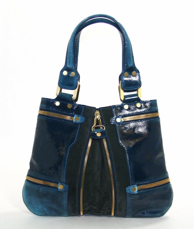 Jimmy Choo Dark Blue Patent Leather Mona Tote In Excellent Condition In New York City & Hamptons, NY