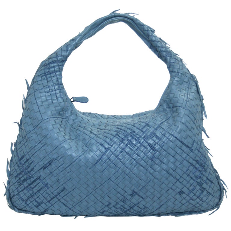 Bottega Veneta Krim Blue Leather Fringed Veneta Bag