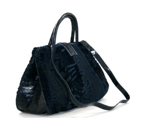 Nancy Gonzalez Blue Astrakhan Fur and Croc Satchel In New Condition In New York City & Hamptons, NY