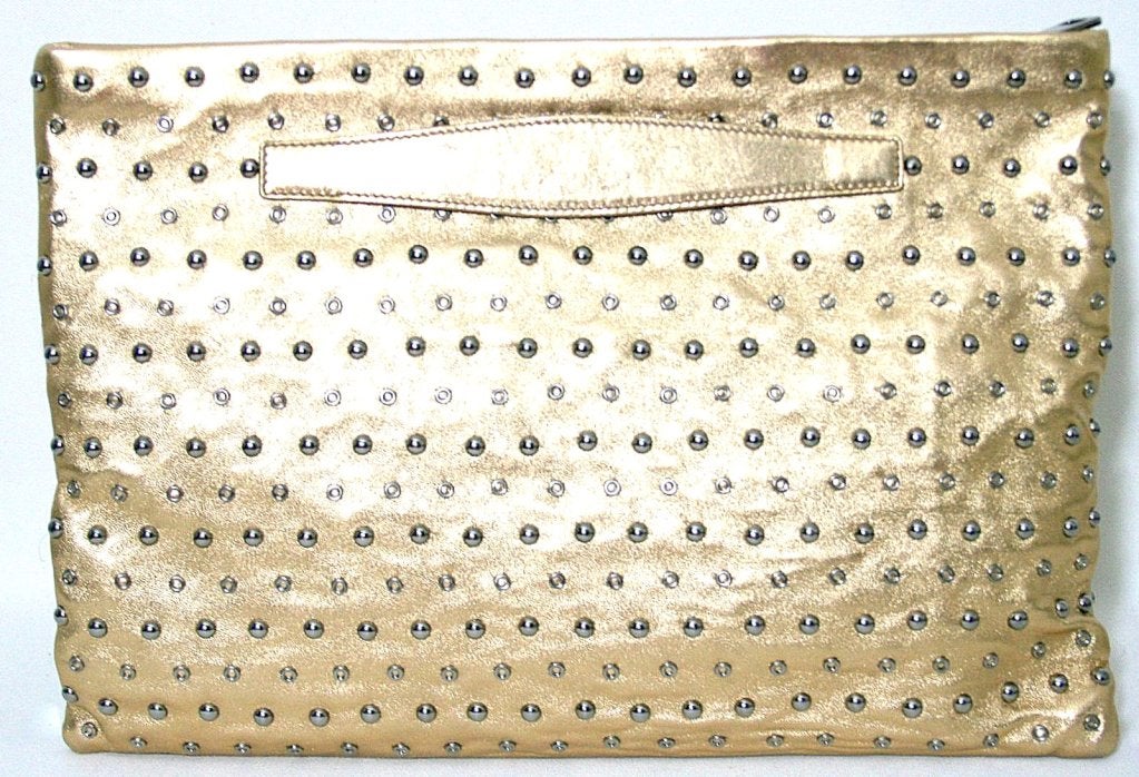 Prada Gold Leather Studded Clutch In Excellent Condition In New York City & Hamptons, NY
