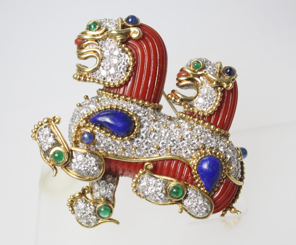 Fantastic 1960s Cartier New York  Chinese Lion Dog Coral Gem Set  Pin In Excellent Condition In Bay Harbor Islands, FL