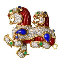 Fantastic 1960s Cartier New York  Chinese Lion Dog Coral Gem Set  Pin