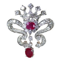 Burmese Ruby and Diamond Brooch Set in Platinum 12