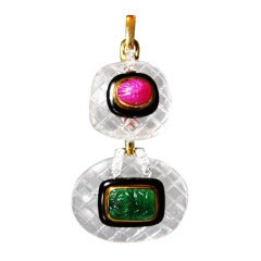 David Webb 1970s Rock Crystal Emerald Ruby Diamond Black Enamel Pendant 5