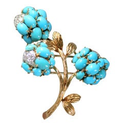 1960's Van Cleef & Arpels Turquoise and Diamond Gold Brooch