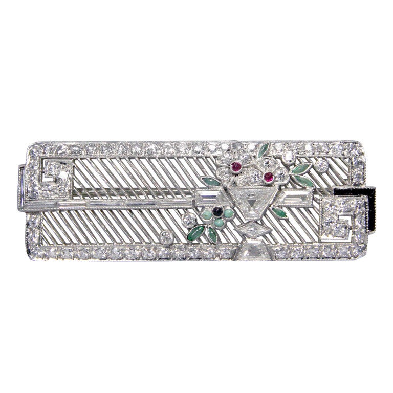 Art Deco Diamond Platinum Gem Brooch For Sale