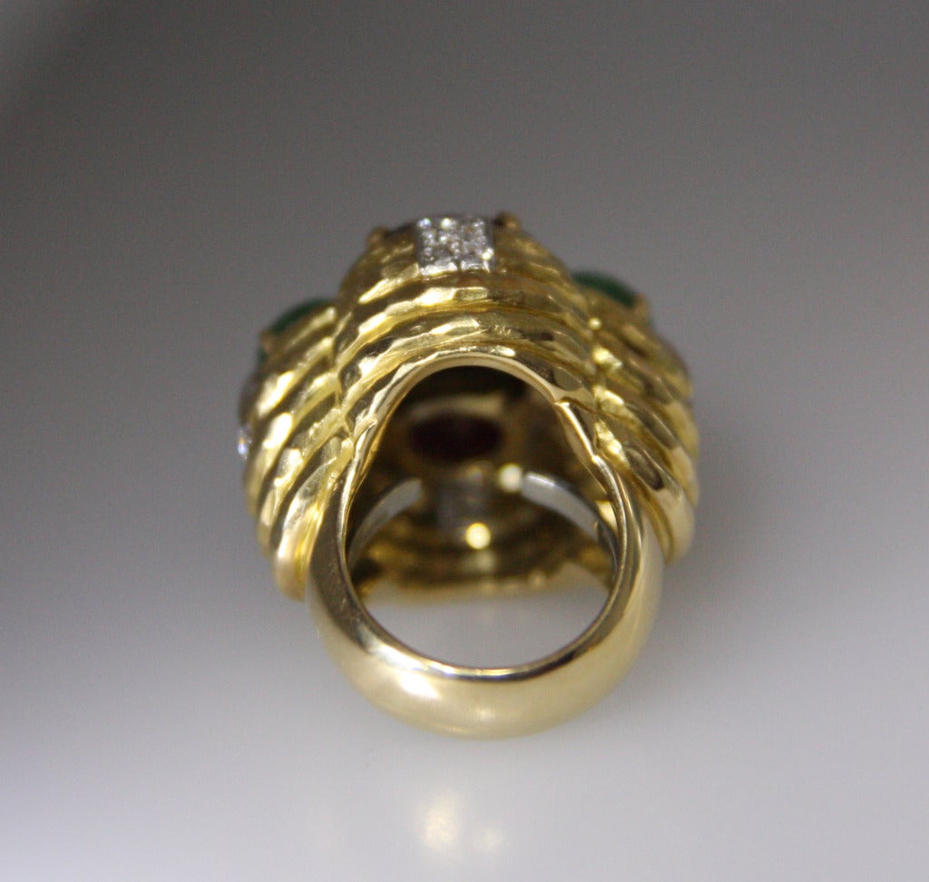 1980s David Webb Emerald Ruby Diamond Gold Platinum Ring
