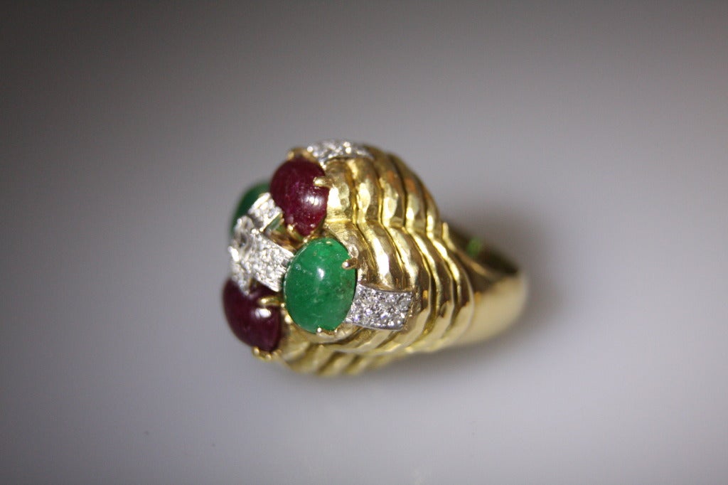 1980s David Webb Emerald Ruby Diamond Gold Platinum Ring 1
