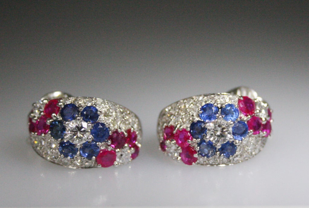 Diamond, Sapphire and Ruby Platinum Ear Clips For Sale 1