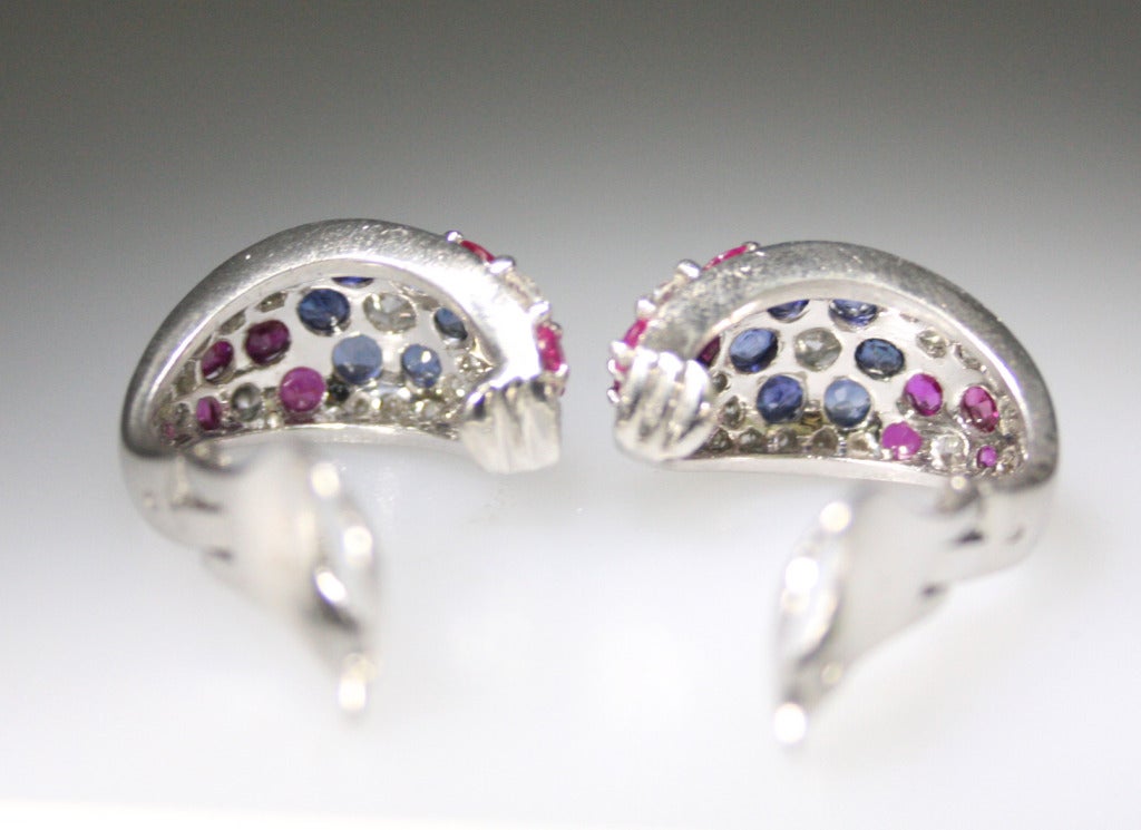Diamond, Sapphire and Ruby Platinum Ear Clips For Sale 2