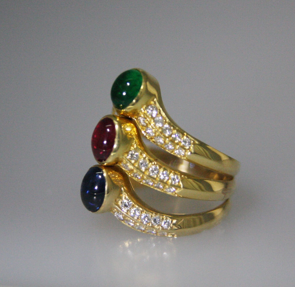1980s Triple Row Ruby Emerald Sapphire Diamond Gold Ring For Sale at ...