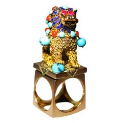 Vintage 1970s Enamel Turquoise Pink Sapphire Gold Chinese Foo Dog 