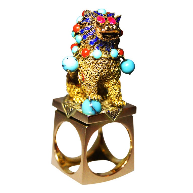 1970s Enamel Turquoise Pink Sapphire Gold Chinese Foo Dog 