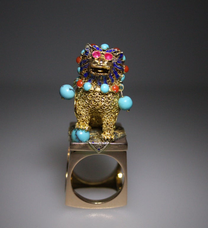 1970s Enamel Turquoise Pink Sapphire Gold Chinese Foo Dog  1