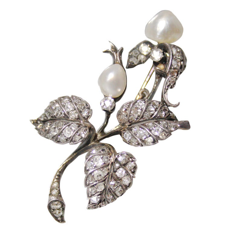 1800's Natural Pearl and Diamond Pin For Sale