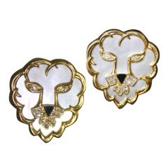 Vintage 1980s Henri Martin Mother of Pearl Onyx Diamond Gold Earrings