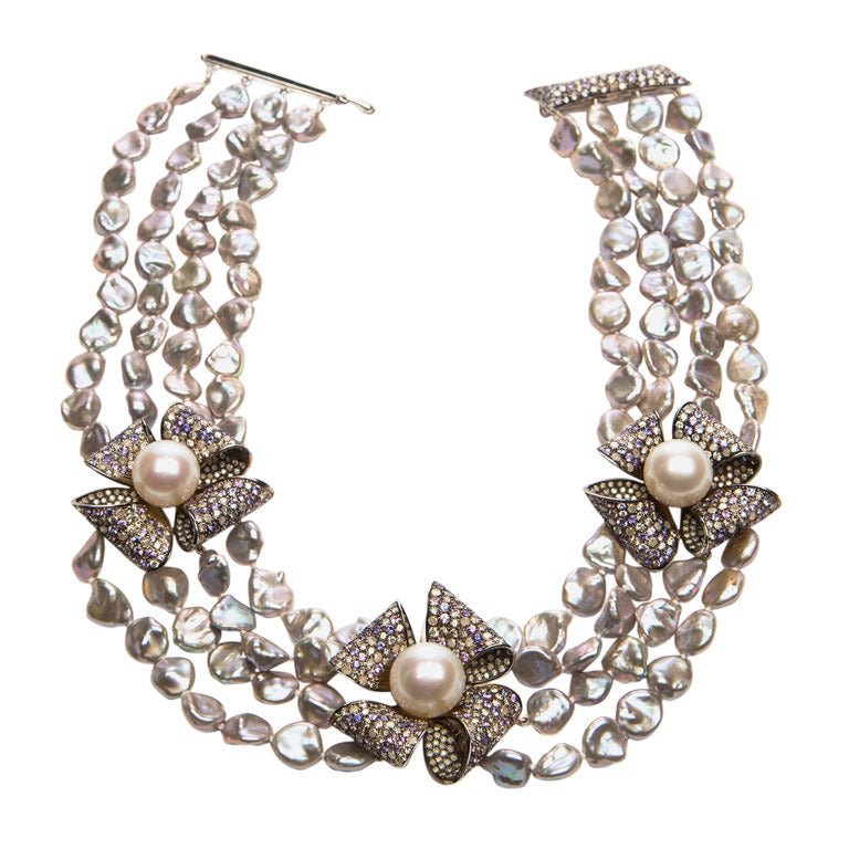 Margot McKinney Pearl Sapphire Diamond Gold Necklace