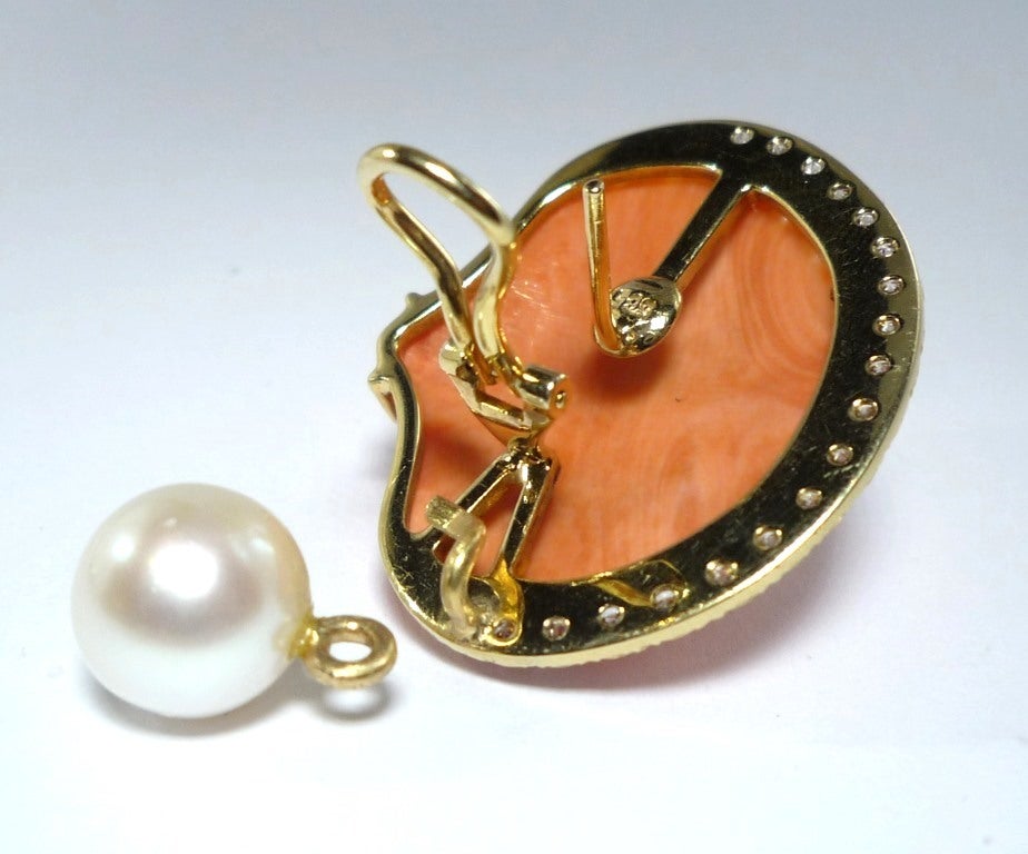 Women's Solid Coral, Diamond & Pearl Clip-On Earrings