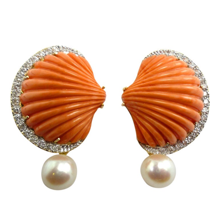 Solid Coral, Diamond & Pearl Clip-On Earrings