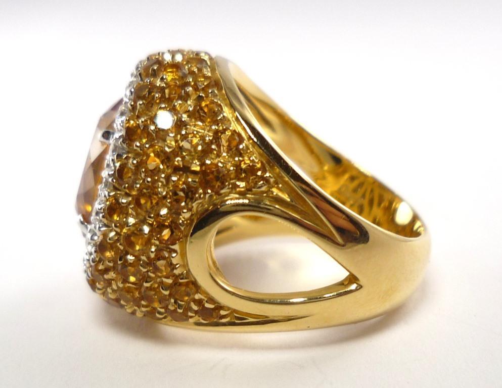 Contemporary Antique-Cut Yellow Citrine and Yellow Pave Citrine Diamond Gold Ring