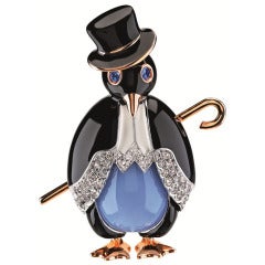 Friedrich Enamel Diamond Sapphire Chalcedony Gentleman Penguin Brooch