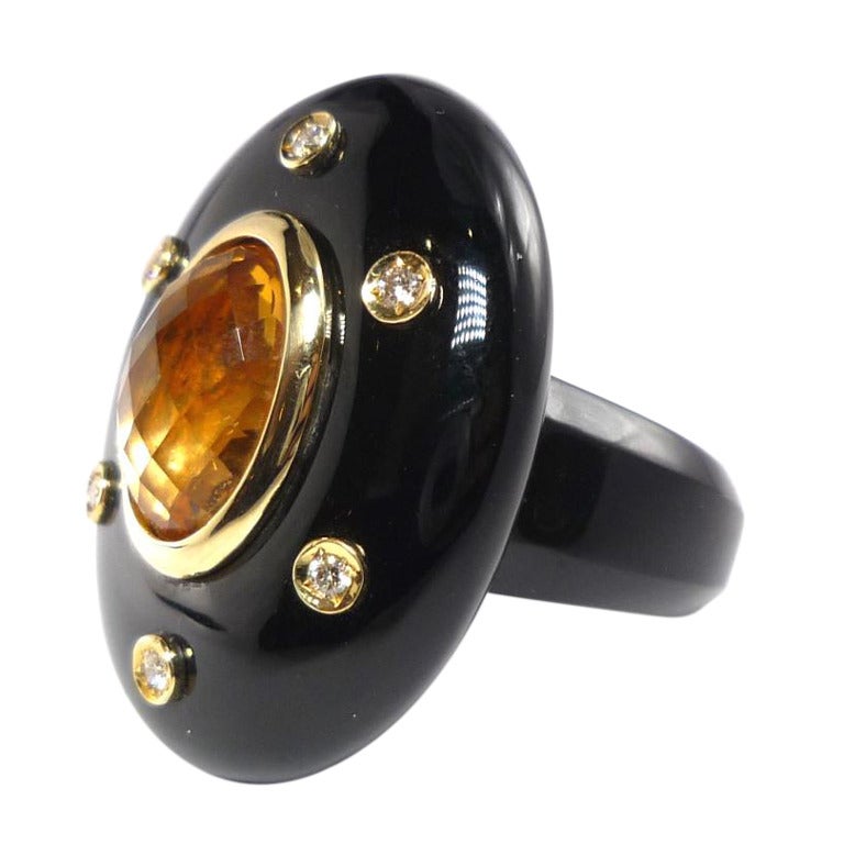 Gold-Cocktailring mit Onyx, Citrin und Diamant im Angebot