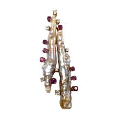 1970s Baroque Pearl, Ruby 
Diamond Pendant