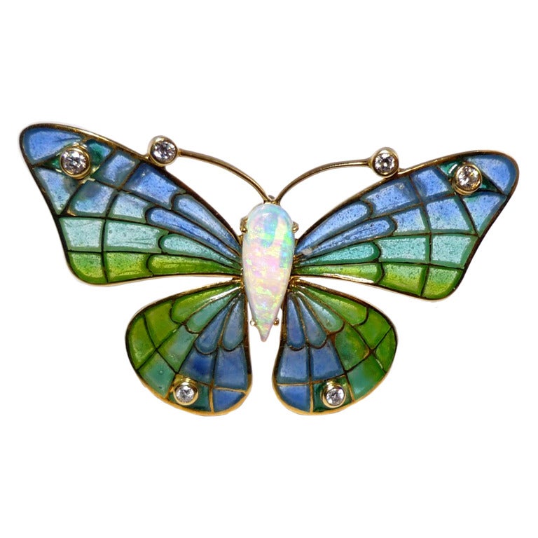 Cloisonne Enamel Opal Butterfly Brooch / Pendant at 1stDibs