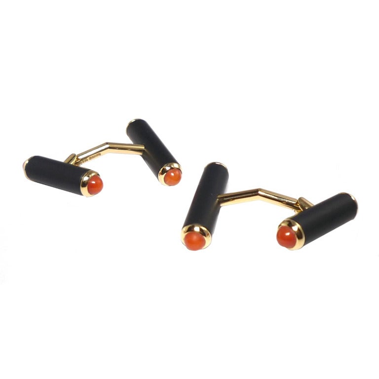 Friedrich Pair of Onyx Coral Gold Drum Cuff Links For Sale