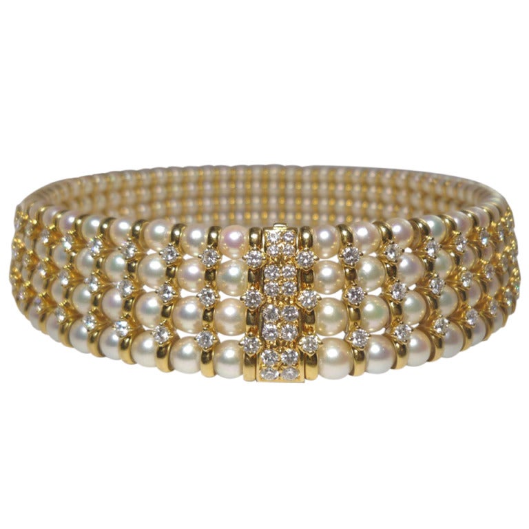 Friedrich Cultured Pearl Diamond Gold Dog Collar Necklace