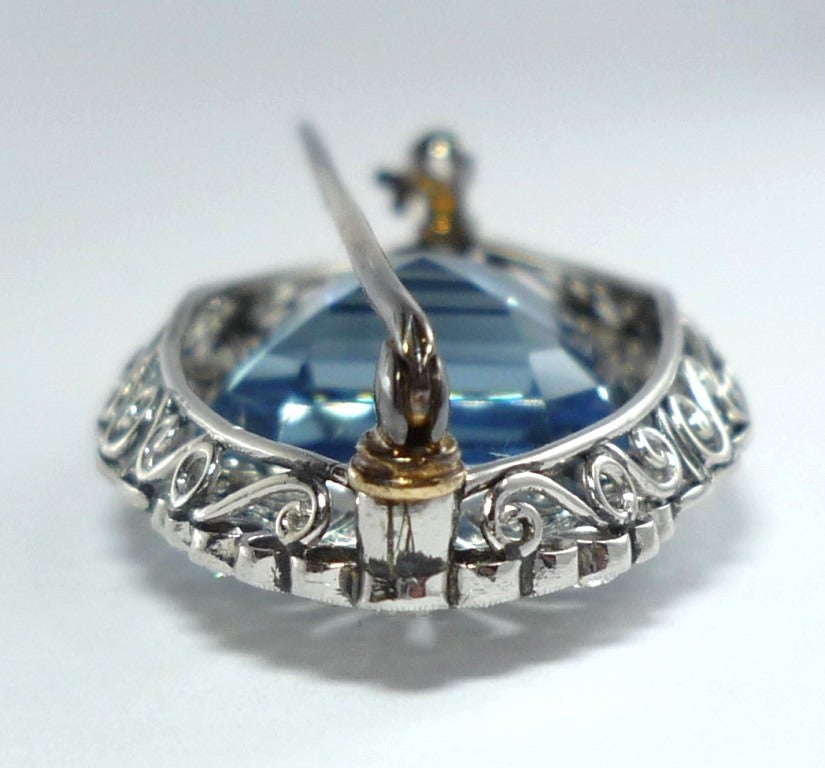 Women's Art Deco Aquamarine Diamond Platinum Brooch/Pendant Necklace