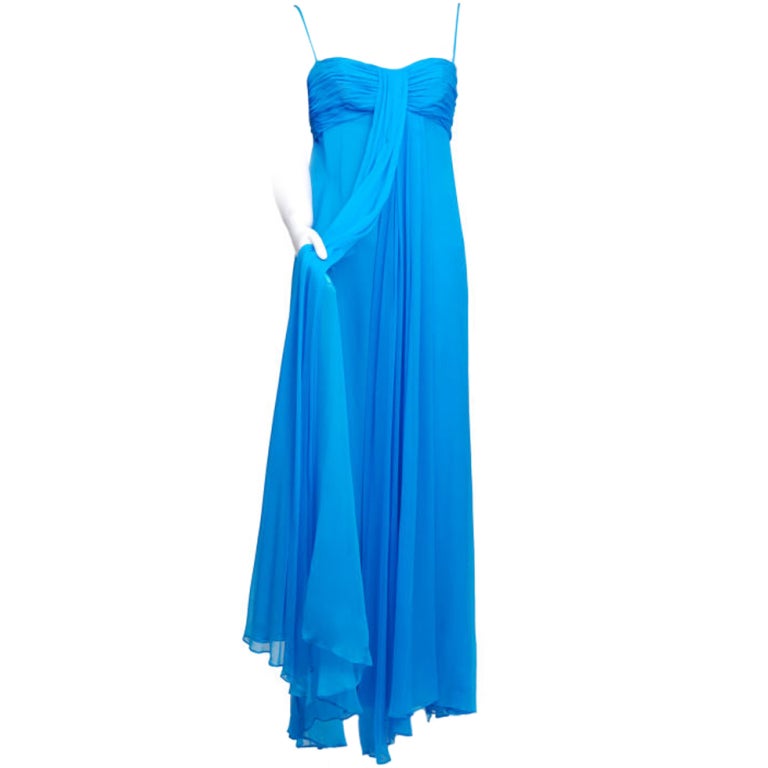 Turquoise Silk Chiffon Gown For Sale
