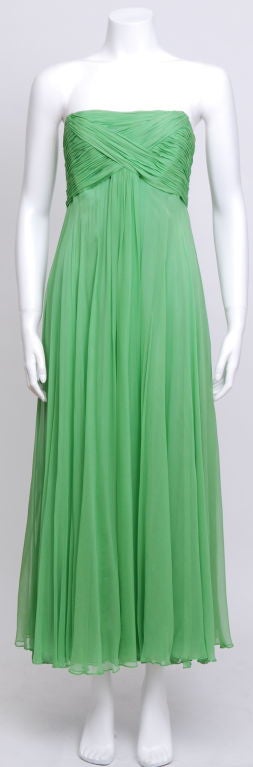 Malcolm Starr lime green silk chiffon strapless gown with intricate criss-cross rouching. Fully lined.