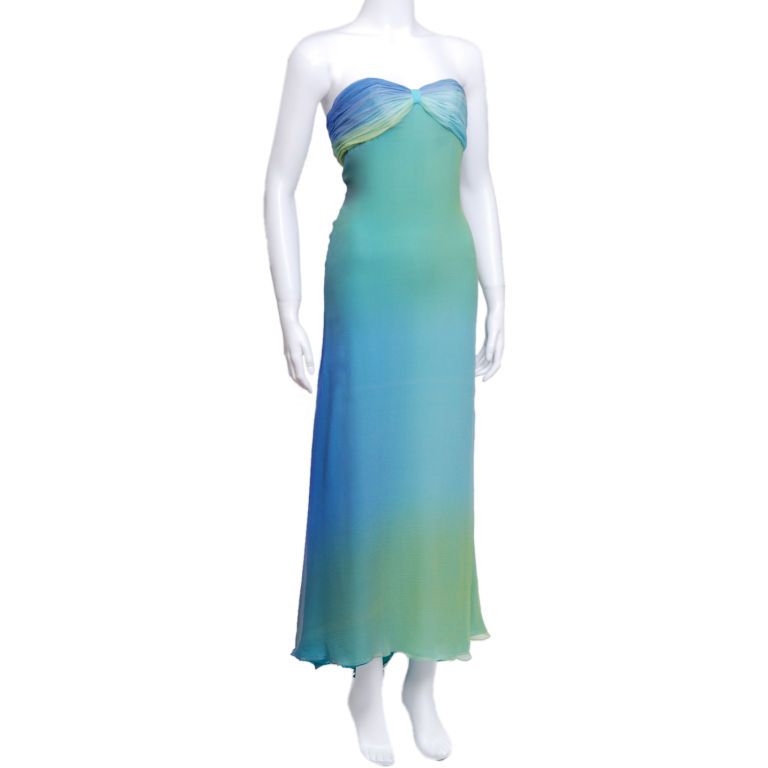 Halston blue and green ombre silk chiffon gown. Strapless, umpire waist, fully lined in silk and cut out back with closure.