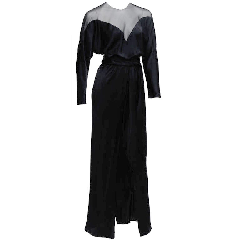 Halston Black Silk Charmeuse Gown For Sale