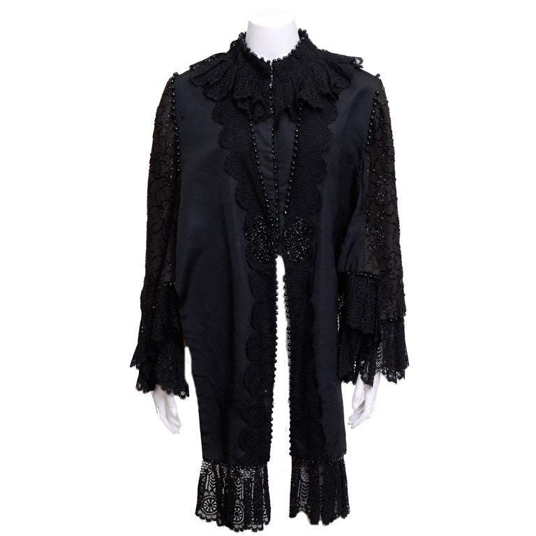 Victorian Black Silk, Jet and Lace Cape For Sale