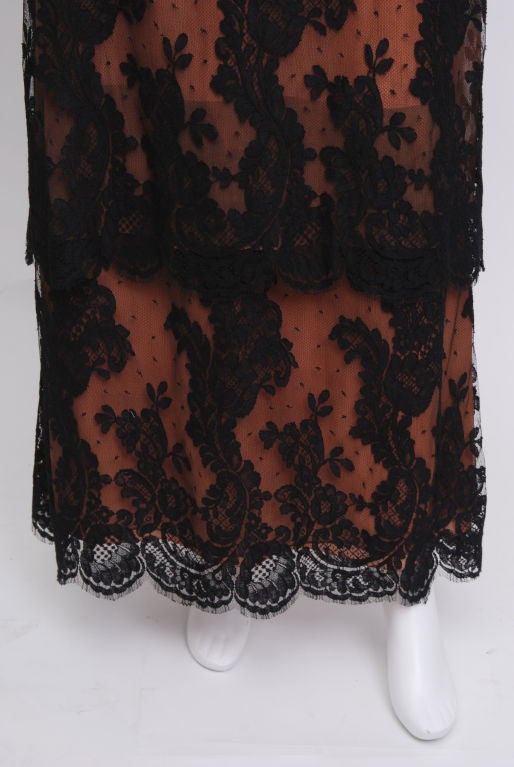 Pilar Rossi nude silk chiffon long sleeve dress with black lace overlay. Fully lined.<br />
<br />
June Carter was a distinguished singer, songwriter, author, actress, comedian, and philanthropist. Certainly a woman of many talents, Carter gained