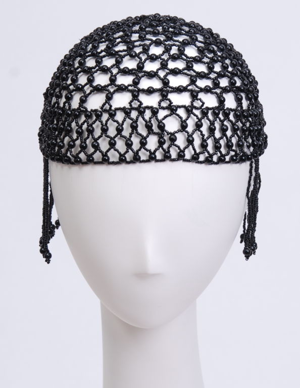 Black Beaded Cap with Tassels In Excellent Condition In Topanga, CA