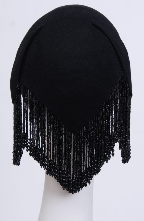 Black jet glass fringe wool half hat hairpiece.